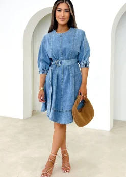 Women Gingham & Heels Short>Aaiza Stretch Denim Dress