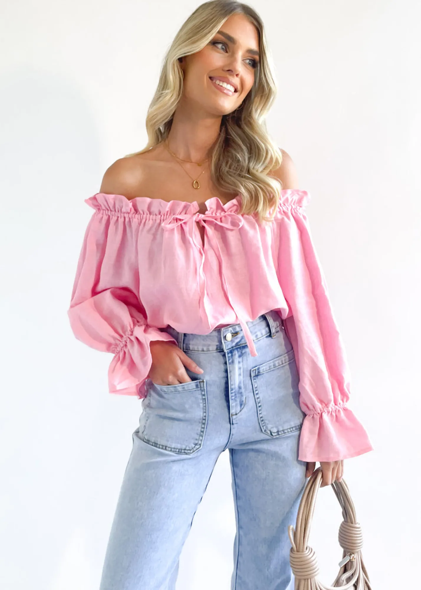 Women Gingham & Heels Sets>Adah Off Shoulder Linen Blouse