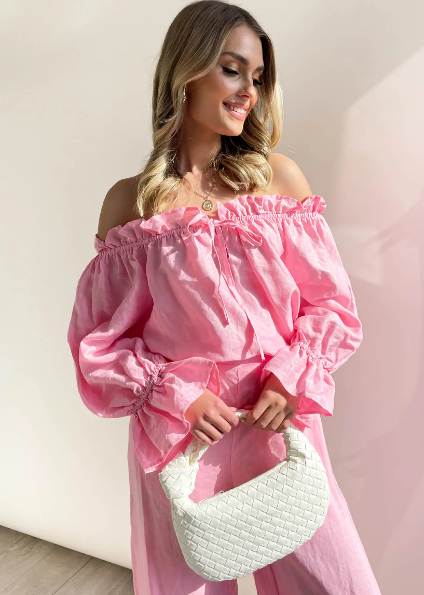 Women Gingham & Heels Sets>Adah Off Shoulder Linen Blouse