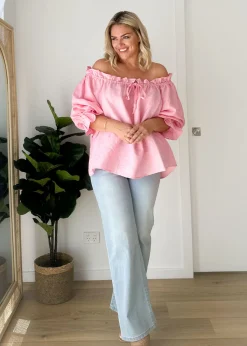 Women Gingham & Heels Blouses>Adah Off Shoulder Linen Blouse