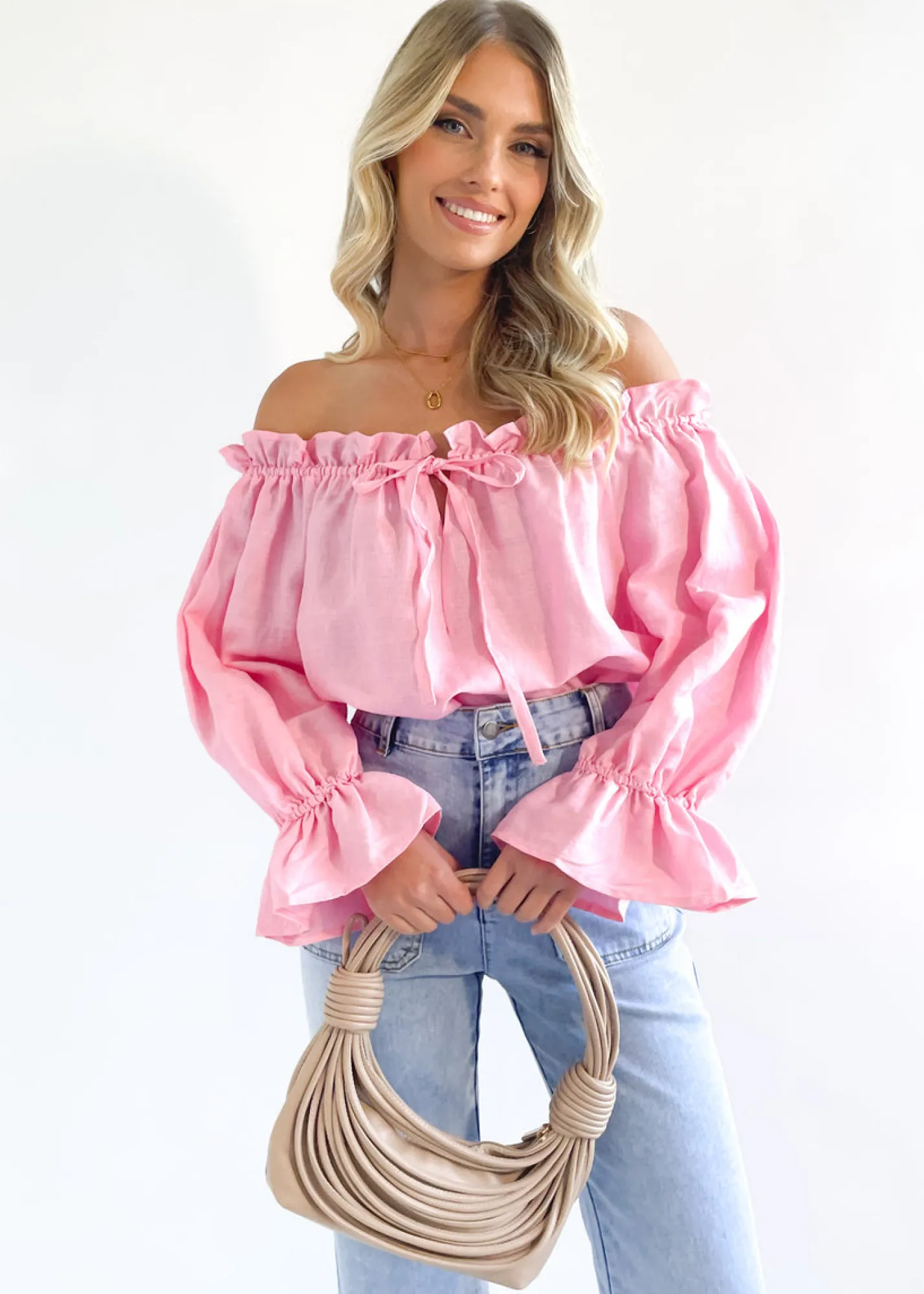 Women Gingham & Heels Blouses>Adah Off Shoulder Linen Blouse