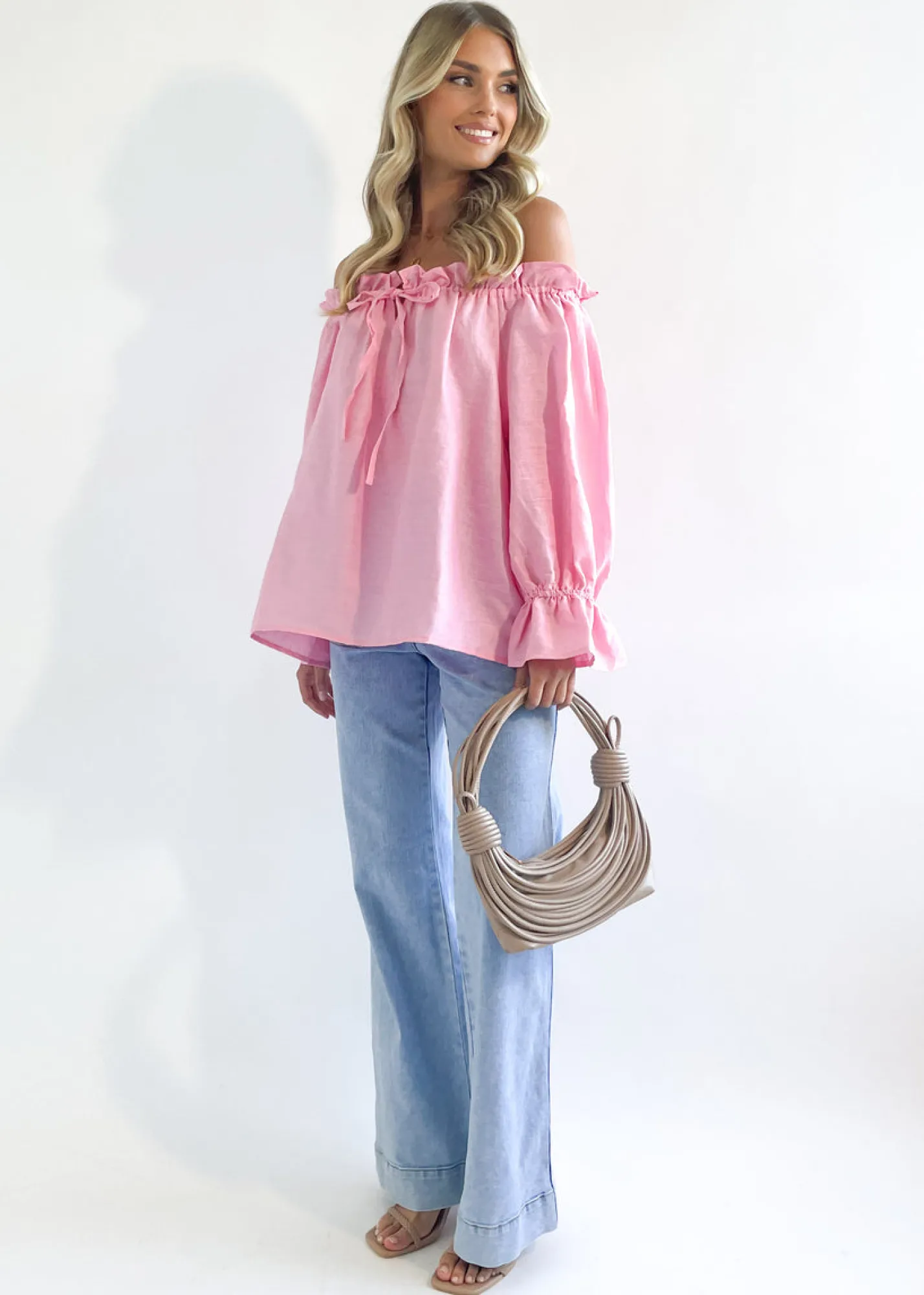 Women Gingham & Heels Blouses>Adah Off Shoulder Linen Blouse