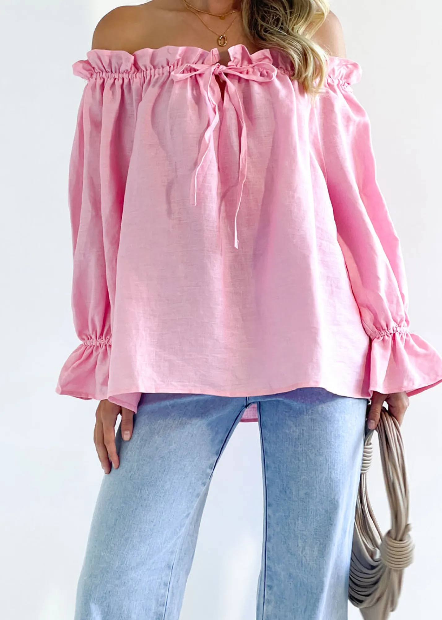 Women Gingham & Heels Blouses>Adah Off Shoulder Linen Blouse