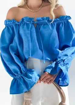 Women Gingham & Heels Blouses>Adah Off Shoulder Linen Blouse