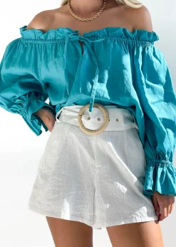 Women Gingham & Heels Blouses>Adah Off Shoulder Linen Blouse