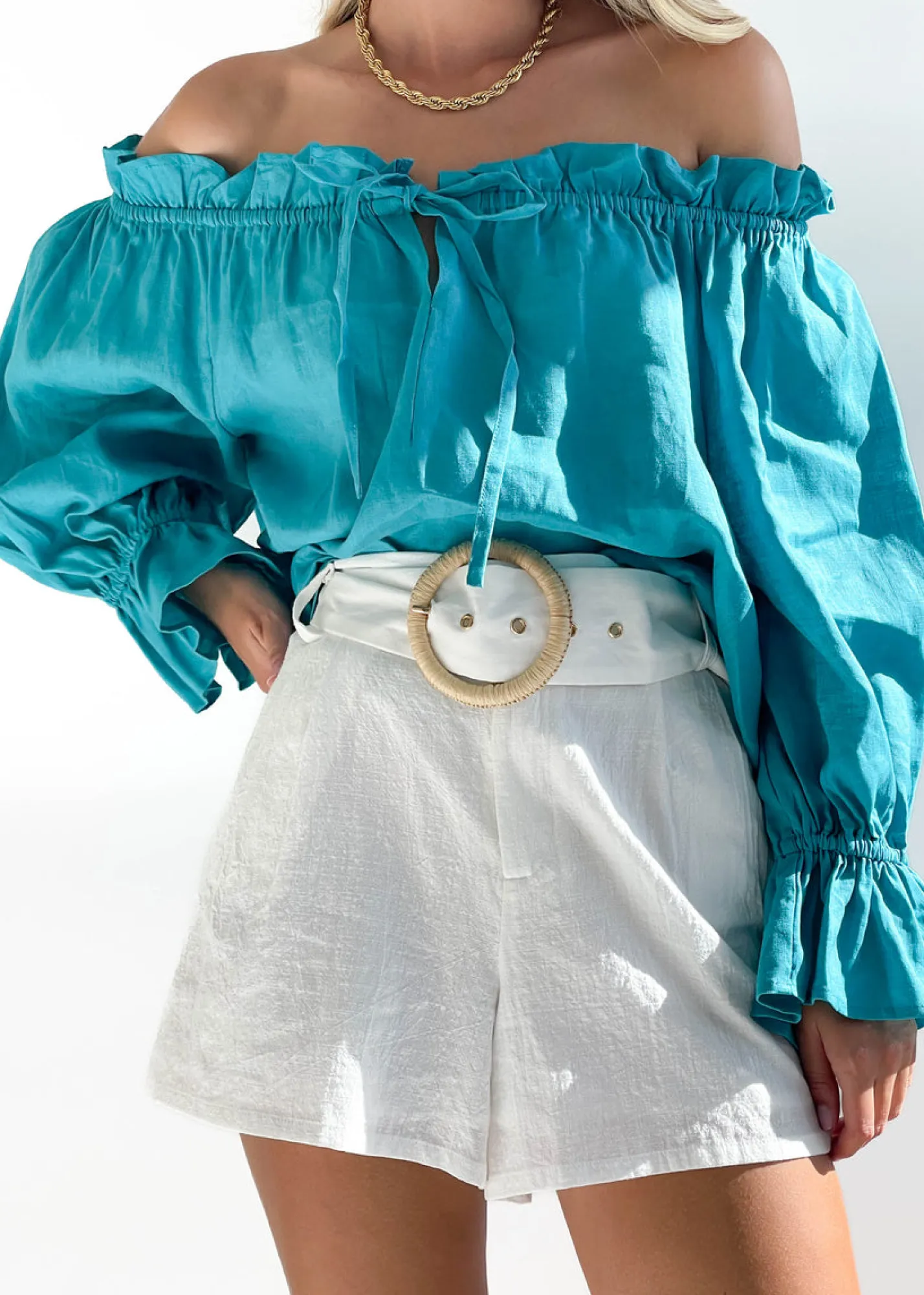 Women Gingham & Heels Blouses>Adah Off Shoulder Linen Blouse