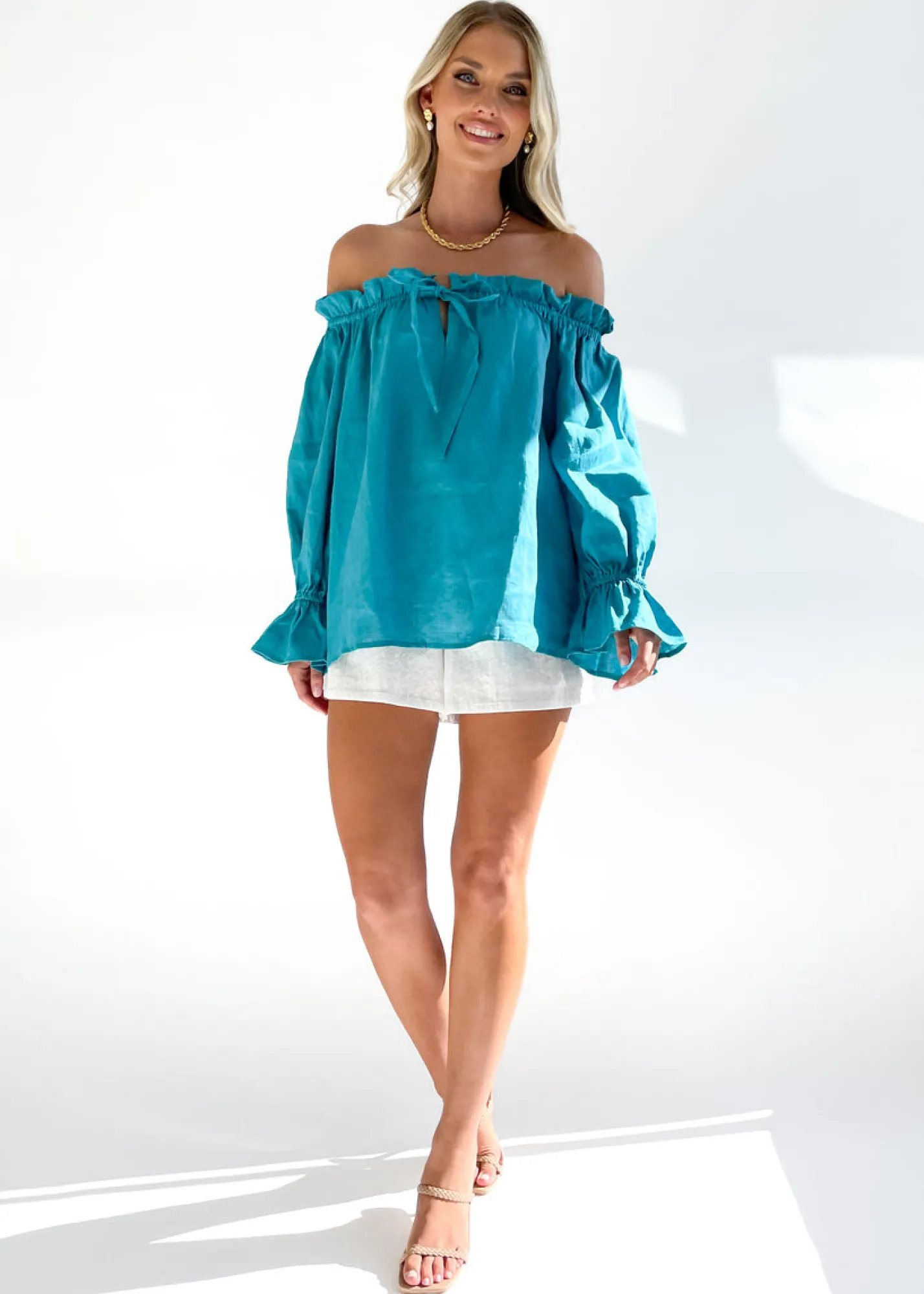 Women Gingham & Heels Blouses>Adah Off Shoulder Linen Blouse