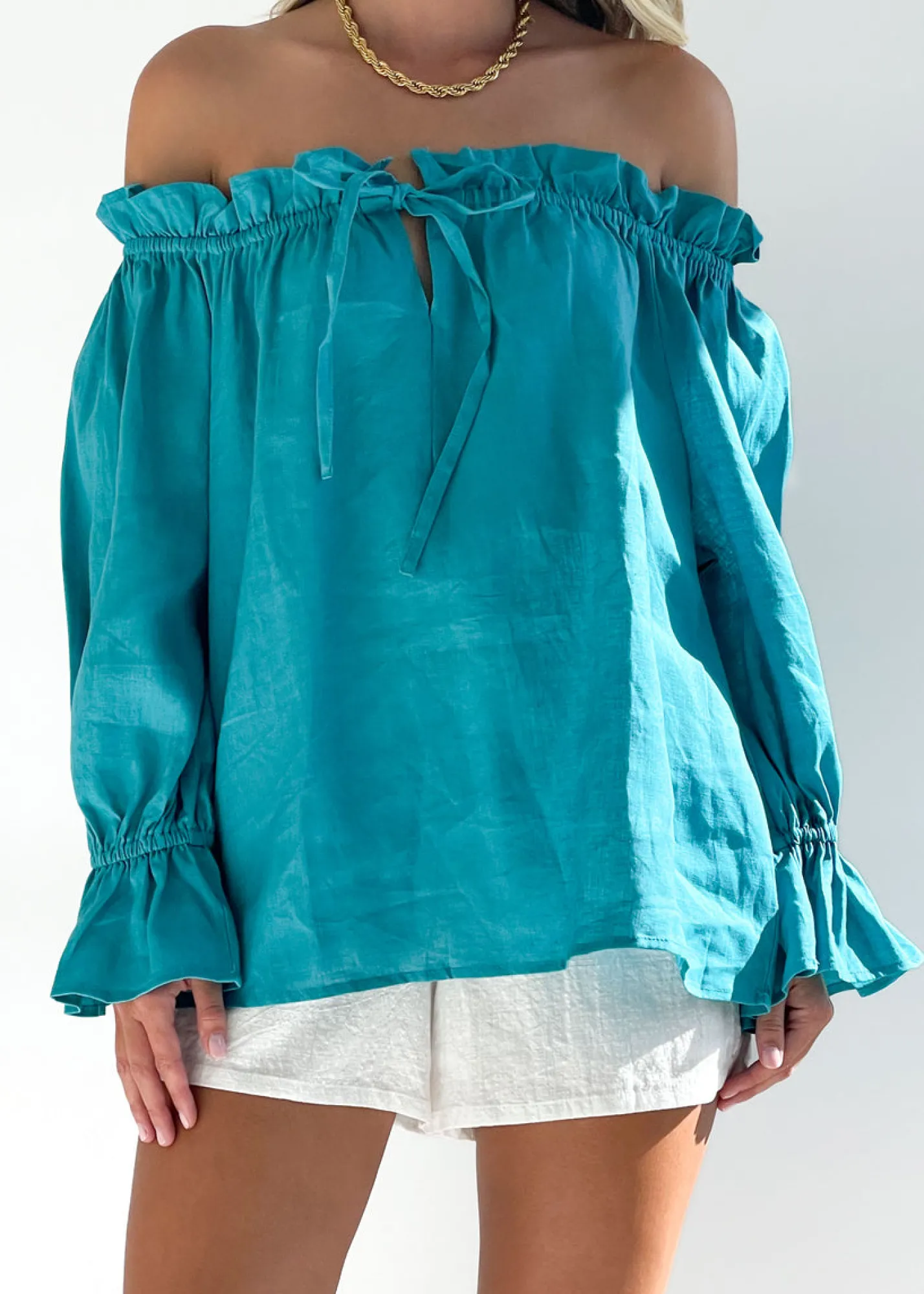 Women Gingham & Heels Blouses>Adah Off Shoulder Linen Blouse