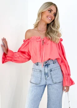 Women Gingham & Heels Blouses>Adah Off Shoulder Linen Blouse