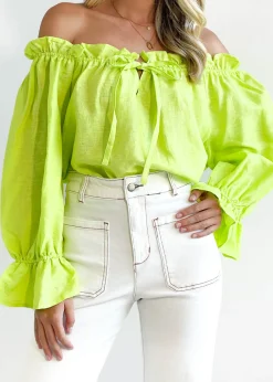 Women Gingham & Heels Blouses>Adah Off Shoulder Linen Blouse