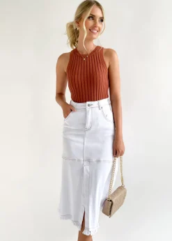 Women Gingham & Heels Skirts>Altana Stretch Denim Midi Skirt