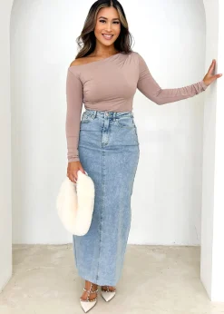Women Gingham & Heels Skirts>Amellia Stretch Denim Midi Skirt