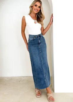 Women Gingham & Heels Skirts>Amellia Stretch Denim Midi Skirt