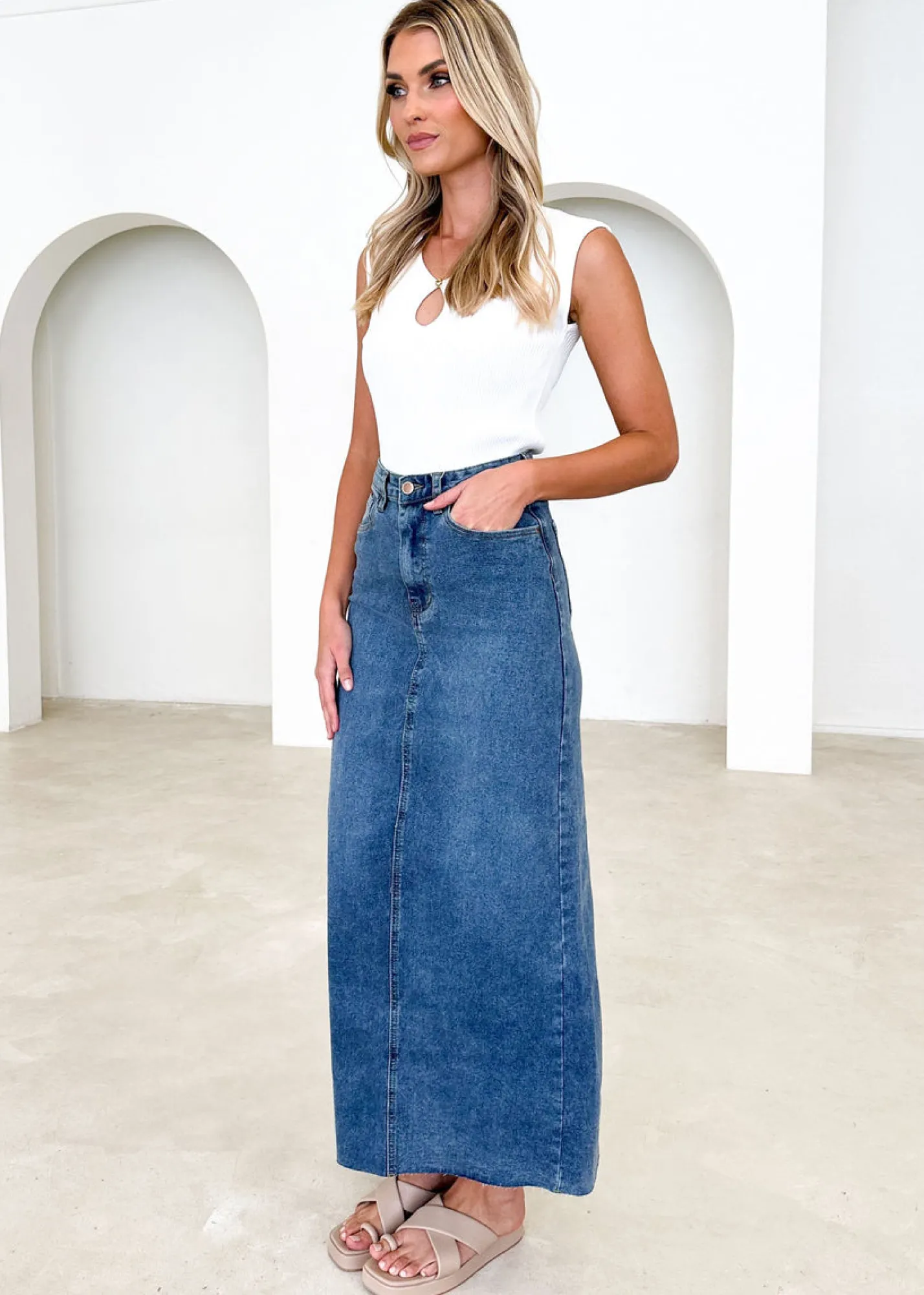 Women Gingham & Heels Skirts>Amellia Stretch Denim Midi Skirt