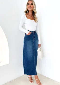 Women Gingham & Heels Skirts>Amellia Stretch Denim Midi Skirt