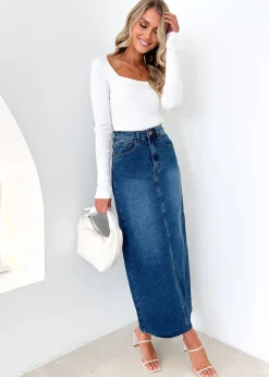 Women Gingham & Heels Skirts>Amellia Stretch Denim Midi Skirt