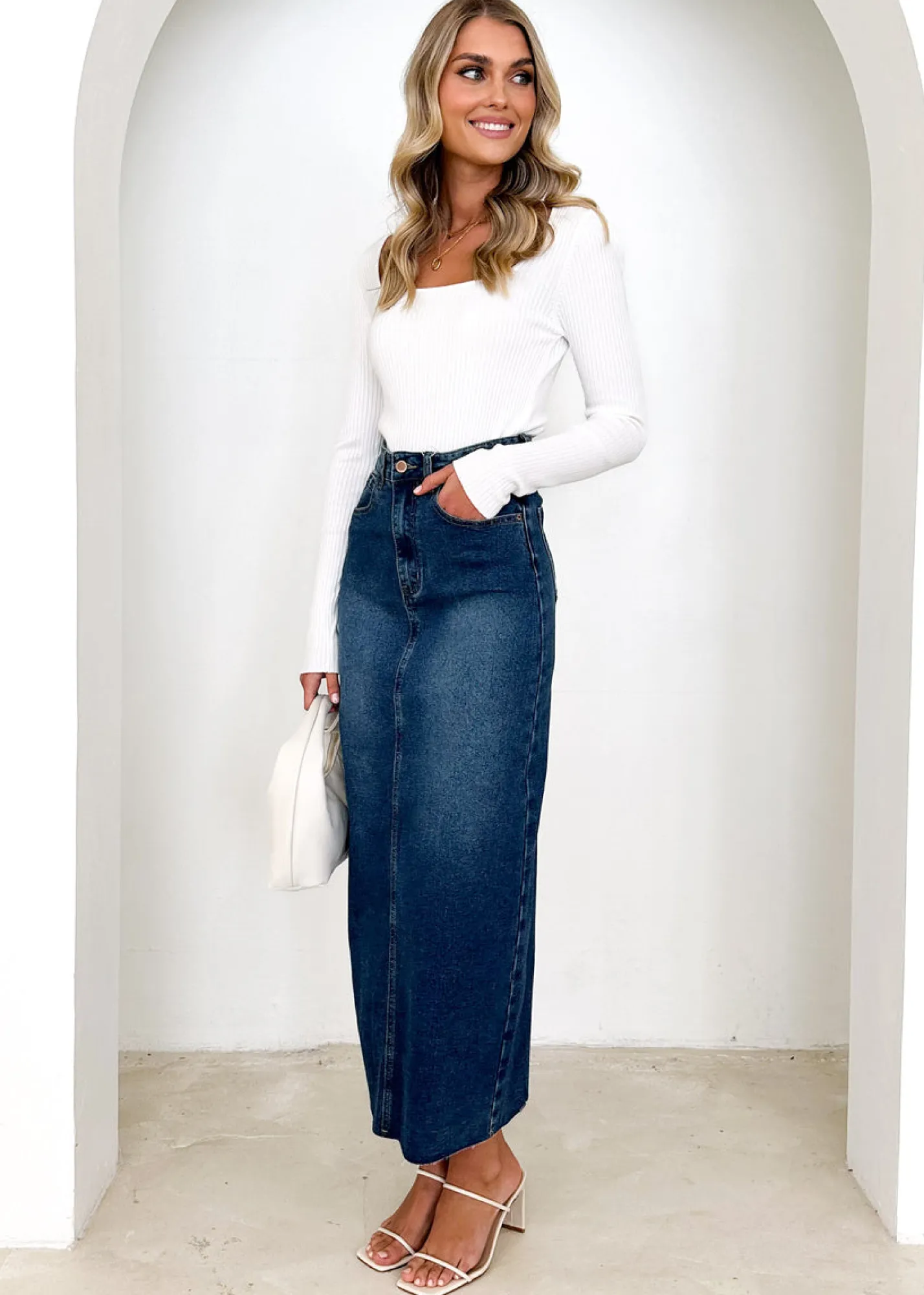 Women Gingham & Heels Skirts>Amellia Stretch Denim Midi Skirt