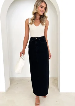 Women Gingham & Heels Skirts>Amellia Stretch Denim Midi Skirt