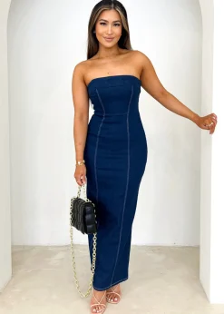 Women Gingham & Heels Midi>Anistom Strapless Denim Midi Dress