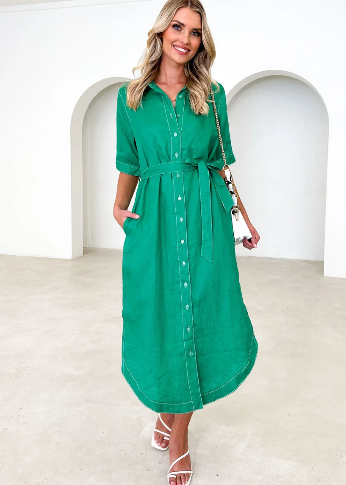 Women Gingham & Heels Midi>Arwa Linen Midi Dress