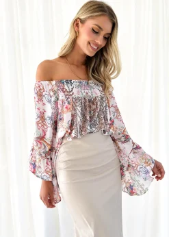 Women Gingham & Heels Blouses>Calypso Off Shoulder Blouse