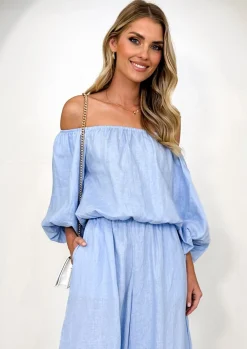 Women Gingham & Heels Blouses>Chia Off Shoulder Linen Blouse
