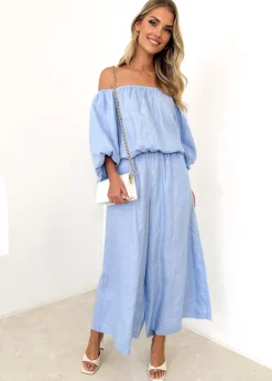 Women Gingham & Heels Blouses>Chia Off Shoulder Linen Blouse