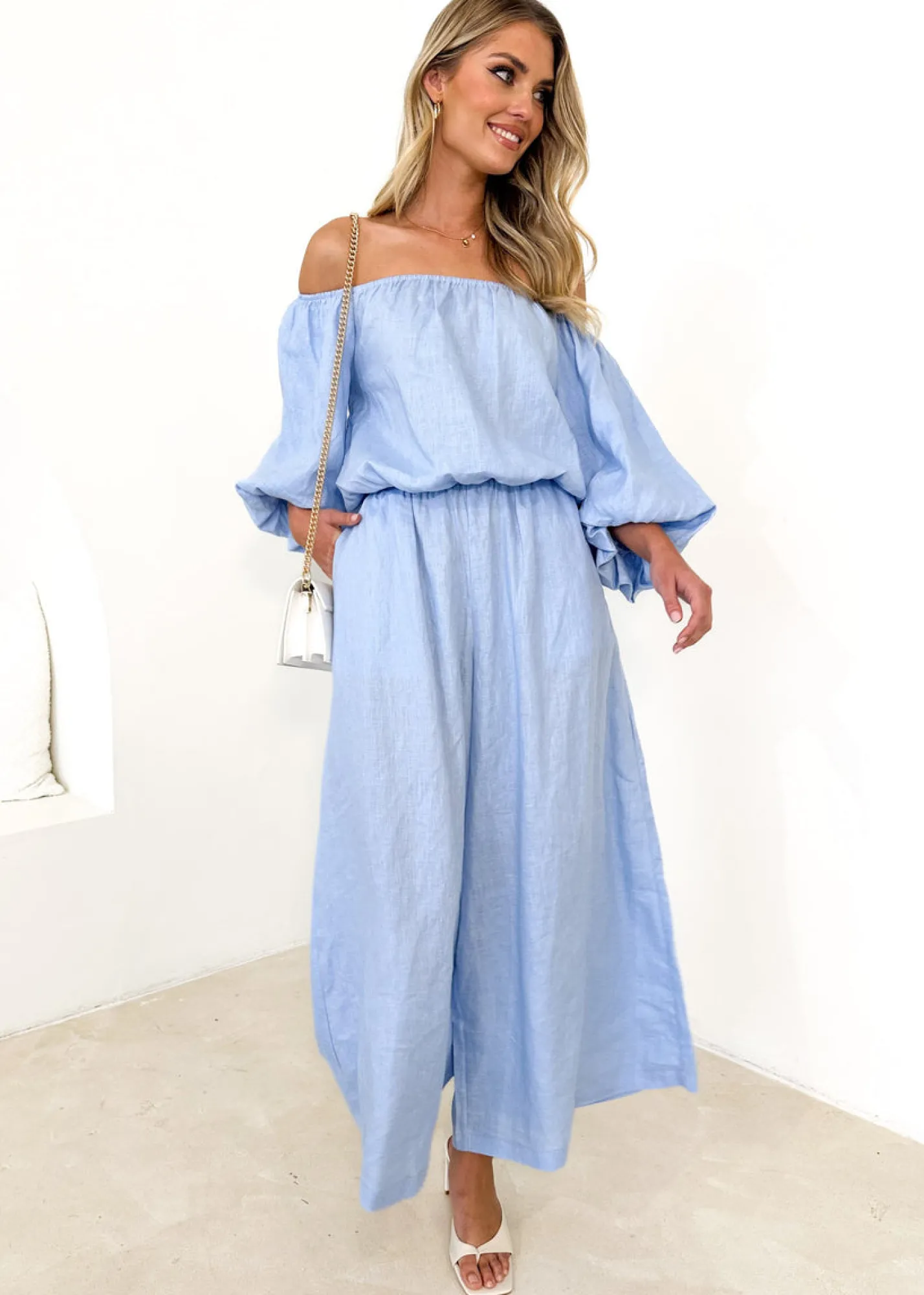 Women Gingham & Heels Blouses>Chia Off Shoulder Linen Blouse