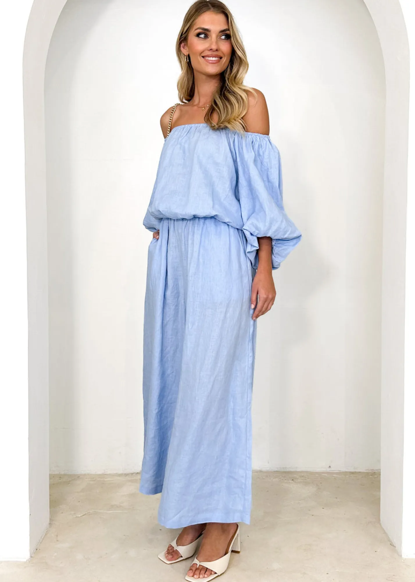 Women Gingham & Heels Blouses>Chia Off Shoulder Linen Blouse