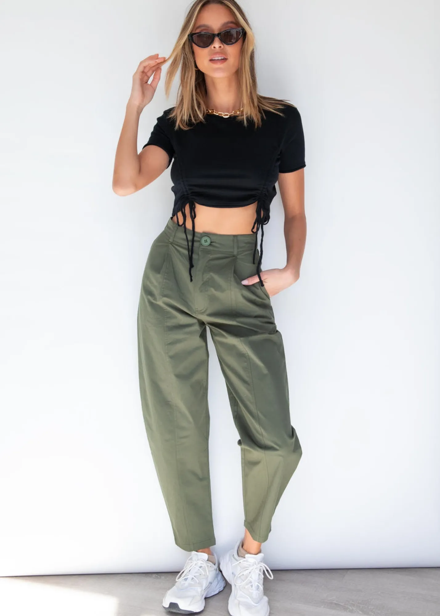 Women Gingham & Heels Crops>Farrah Ruched Knit Crop