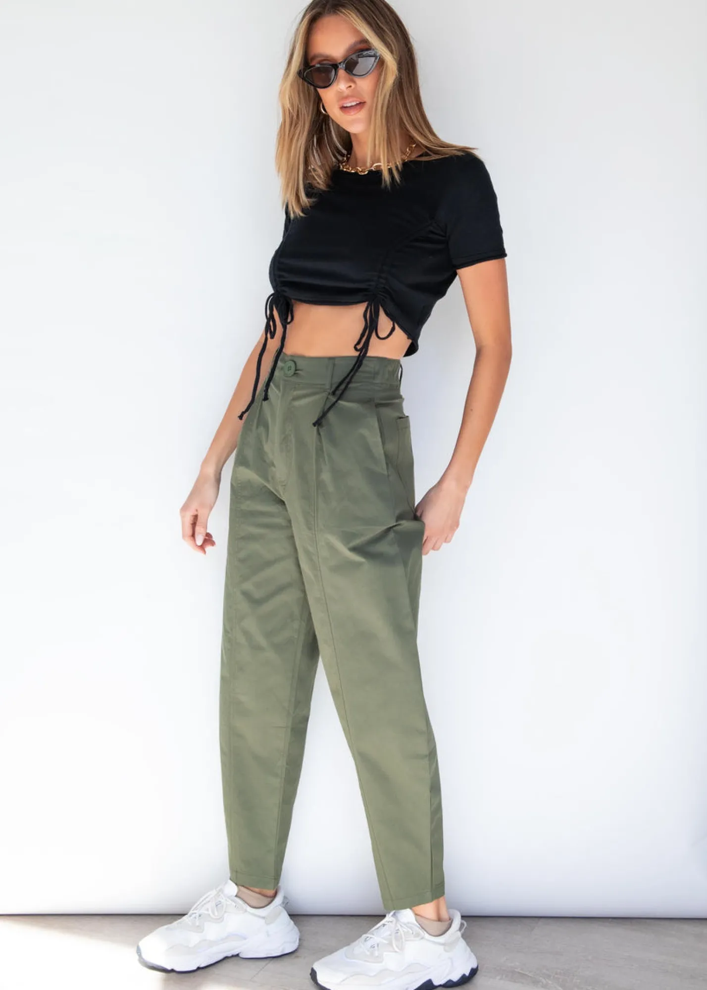 Women Gingham & Heels Crops>Farrah Ruched Knit Crop