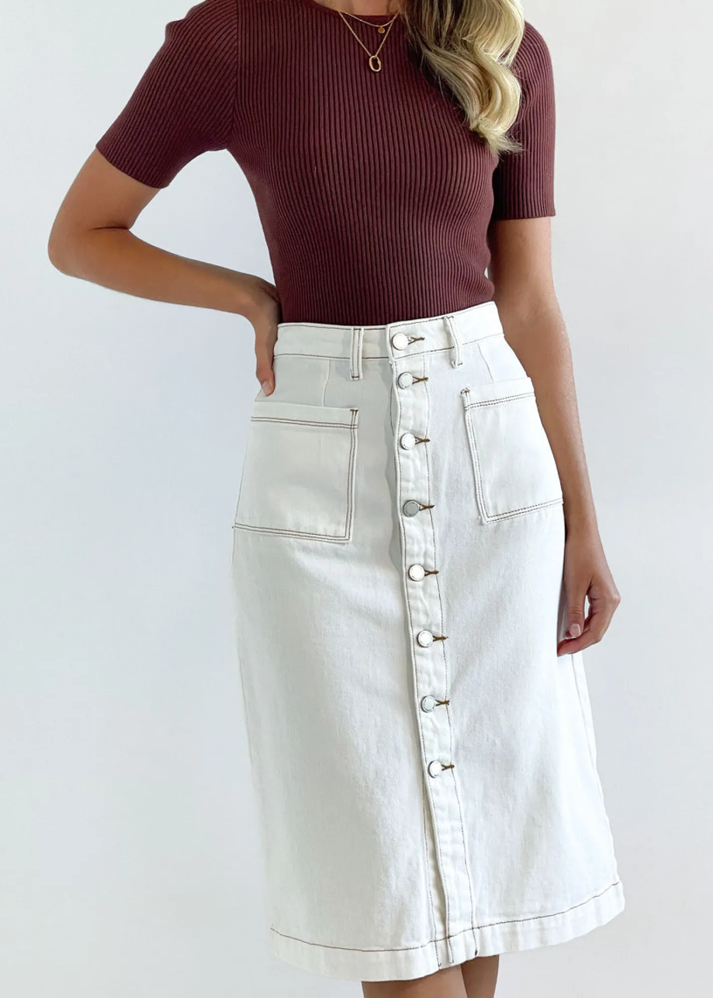 Women Gingham & Heels Skirts>Karina Denim Midi Skirt