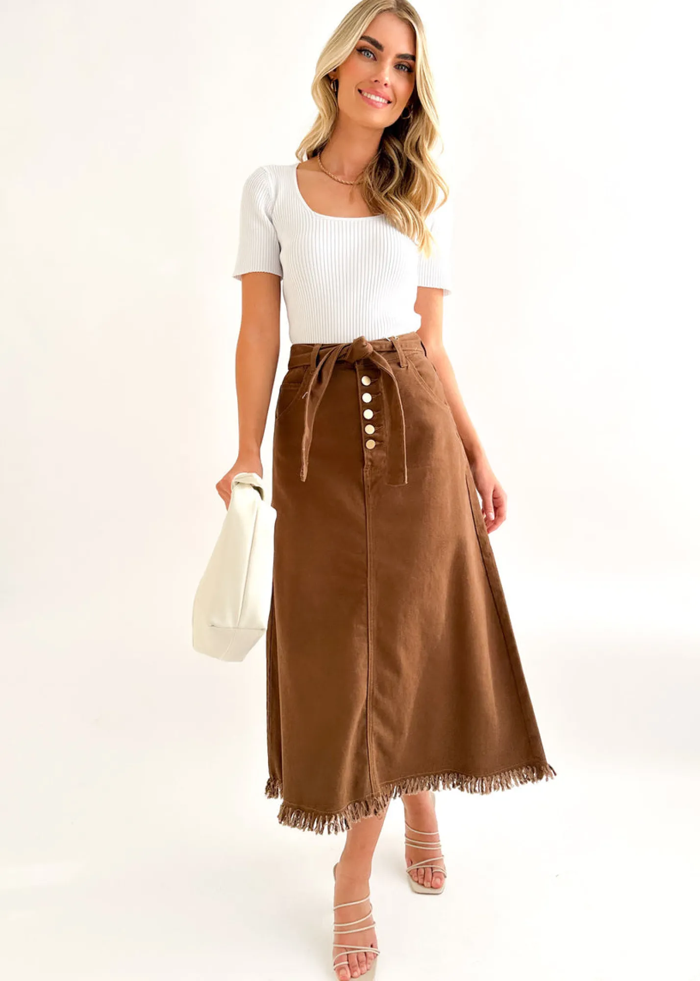 Women Gingham & Heels Skirts>Keila Stretch Denim Midi Skirt