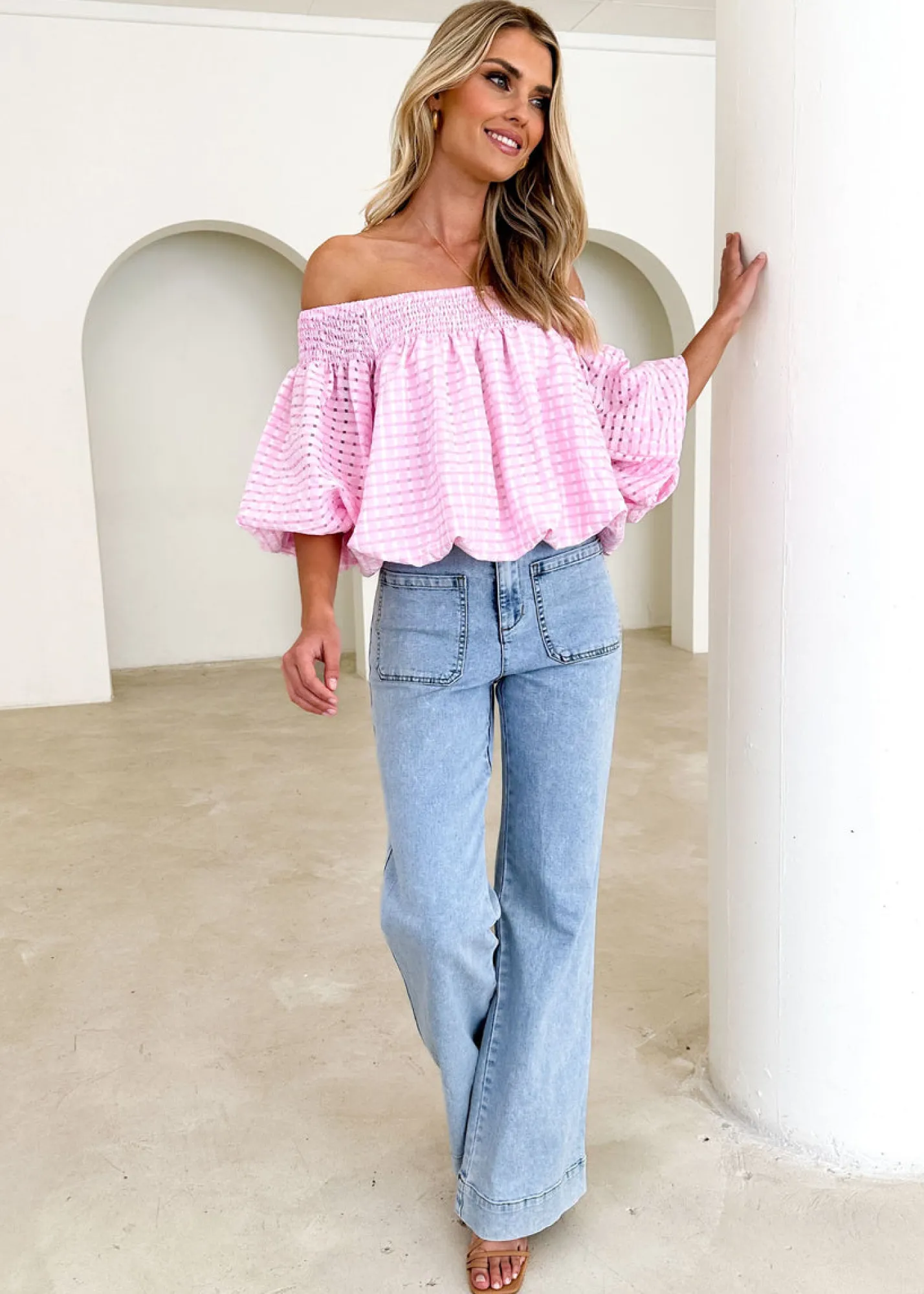Women Gingham & Heels Blouses>Keke Off Shoulder Blouse