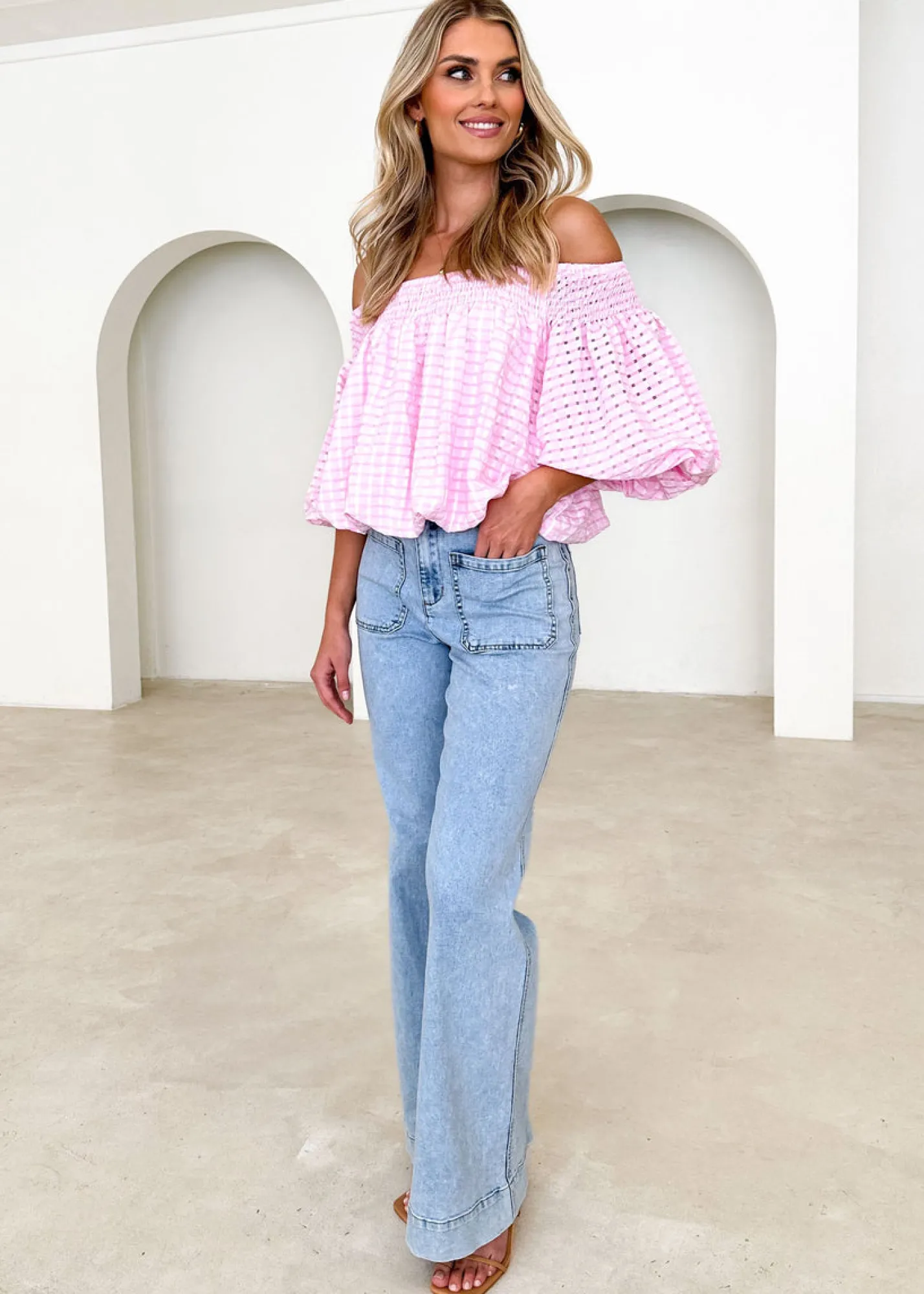 Women Gingham & Heels Blouses>Keke Off Shoulder Blouse
