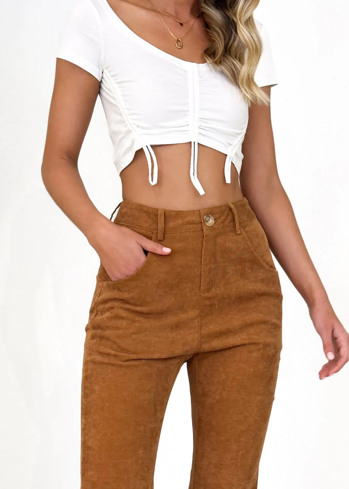 Women Gingham & Heels Crops>Kenzie Ruched Crop