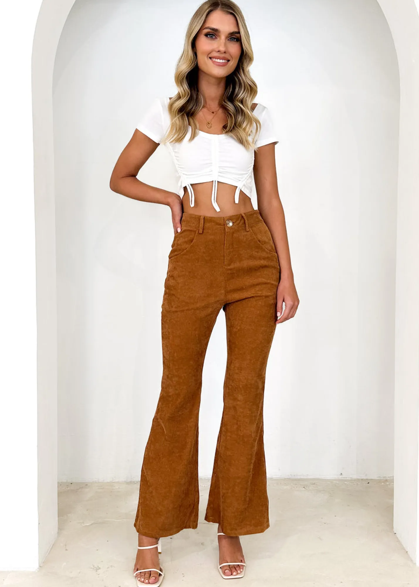 Women Gingham & Heels Crops>Kenzie Ruched Crop
