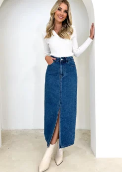Women Gingham & Heels Skirts>Knoxxy Denim Midi Skirt