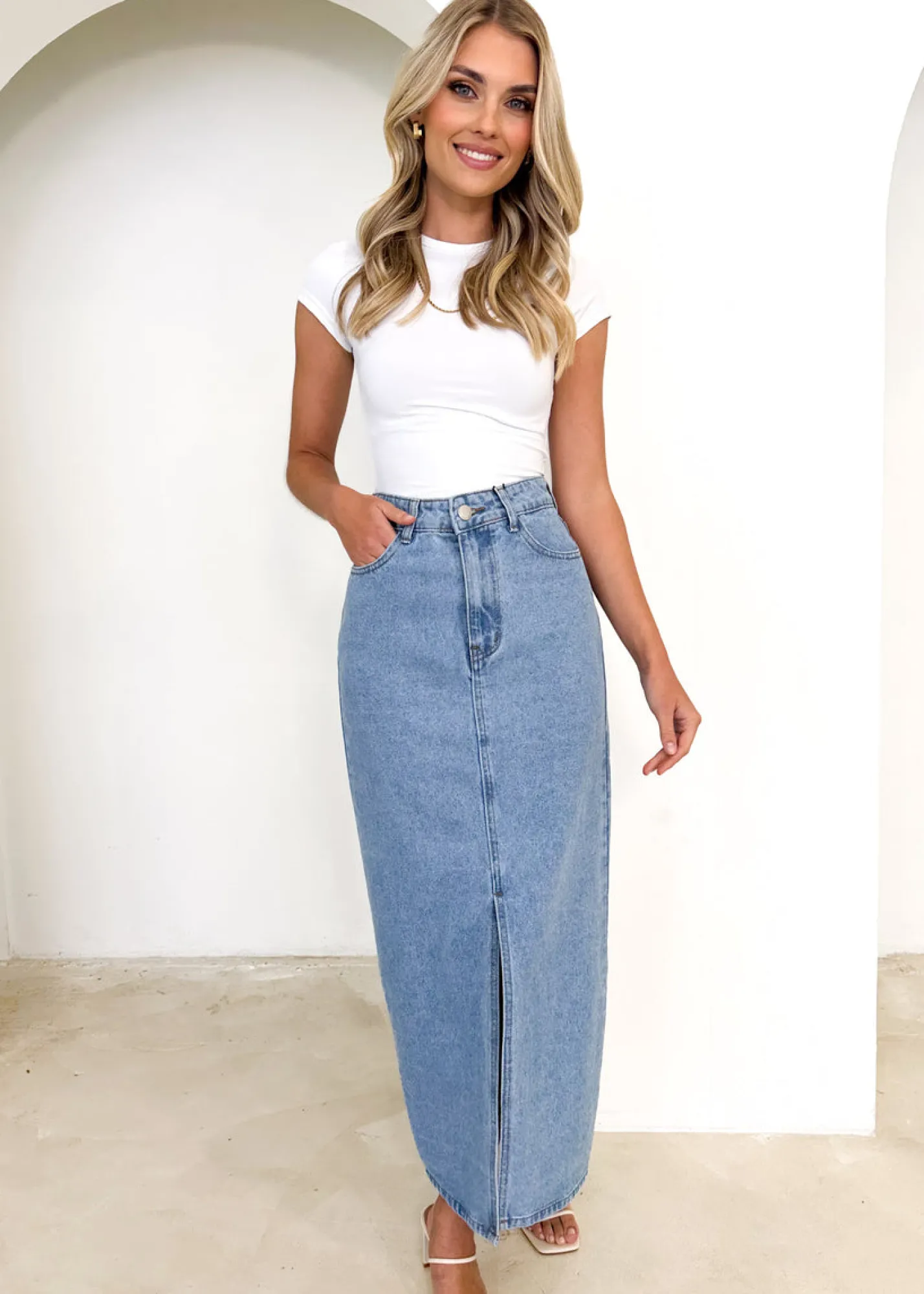 Women Gingham & Heels Skirts>Knoxxy Denim Midi Skirt