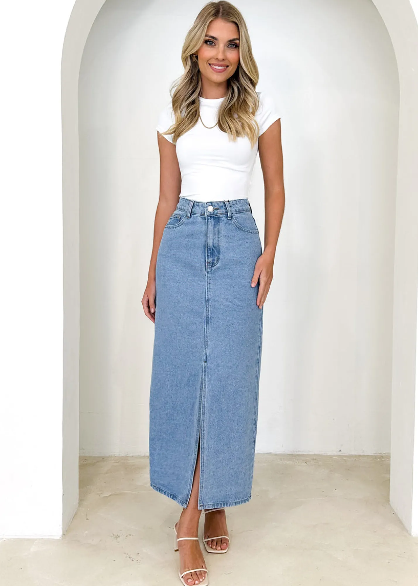 Women Gingham & Heels Skirts>Knoxxy Denim Midi Skirt