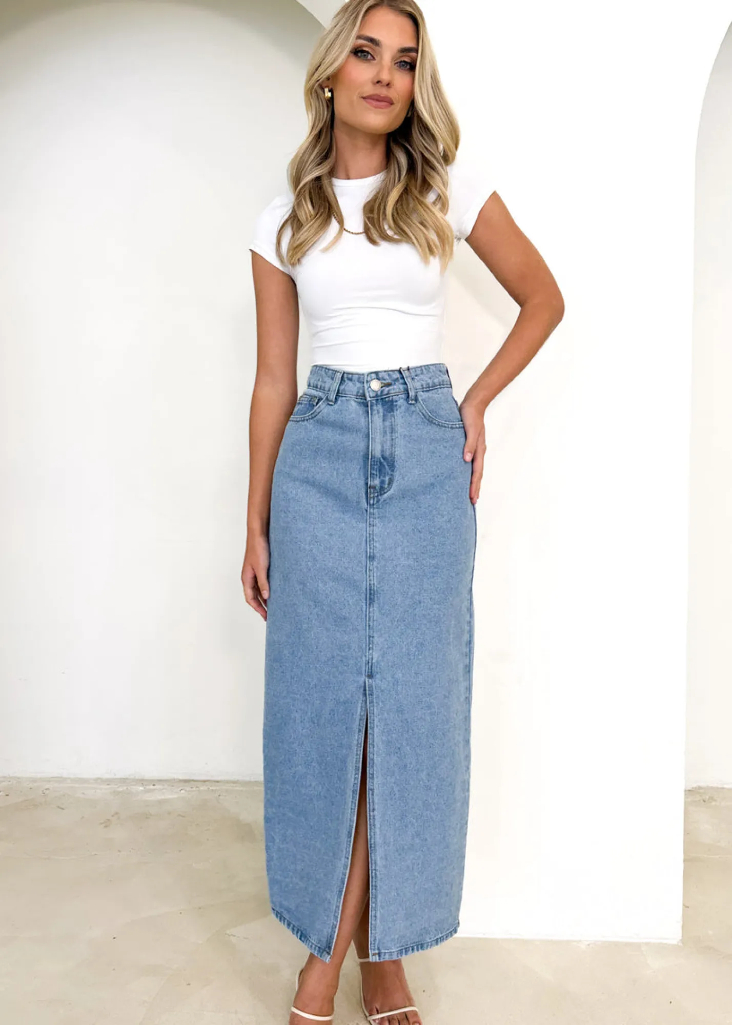Women Gingham & Heels Skirts>Knoxxy Denim Midi Skirt