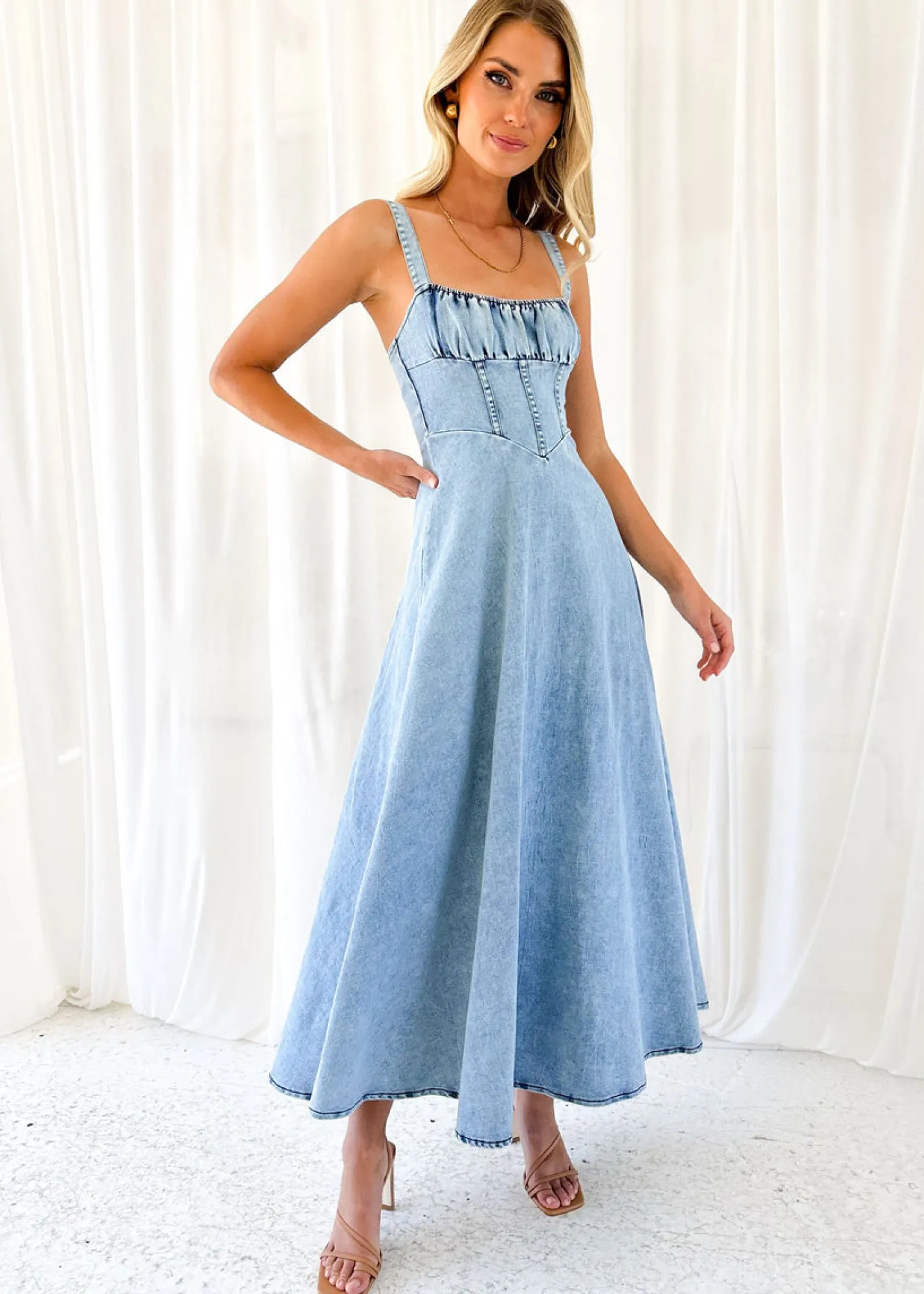 Women Gingham & Heels Midi>Lynda Stretch Denim Midi Dress