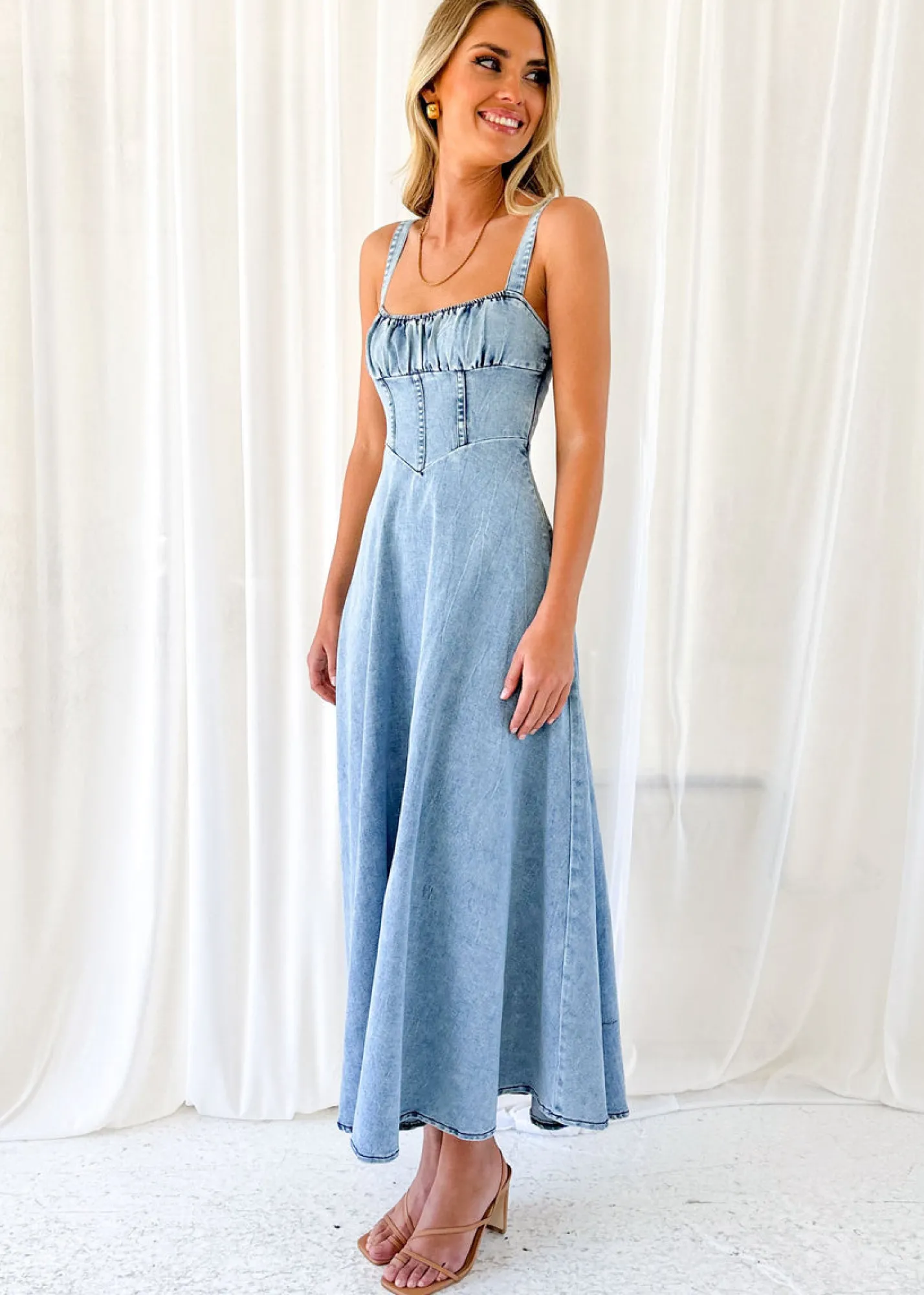 Women Gingham & Heels Midi>Lynda Stretch Denim Midi Dress