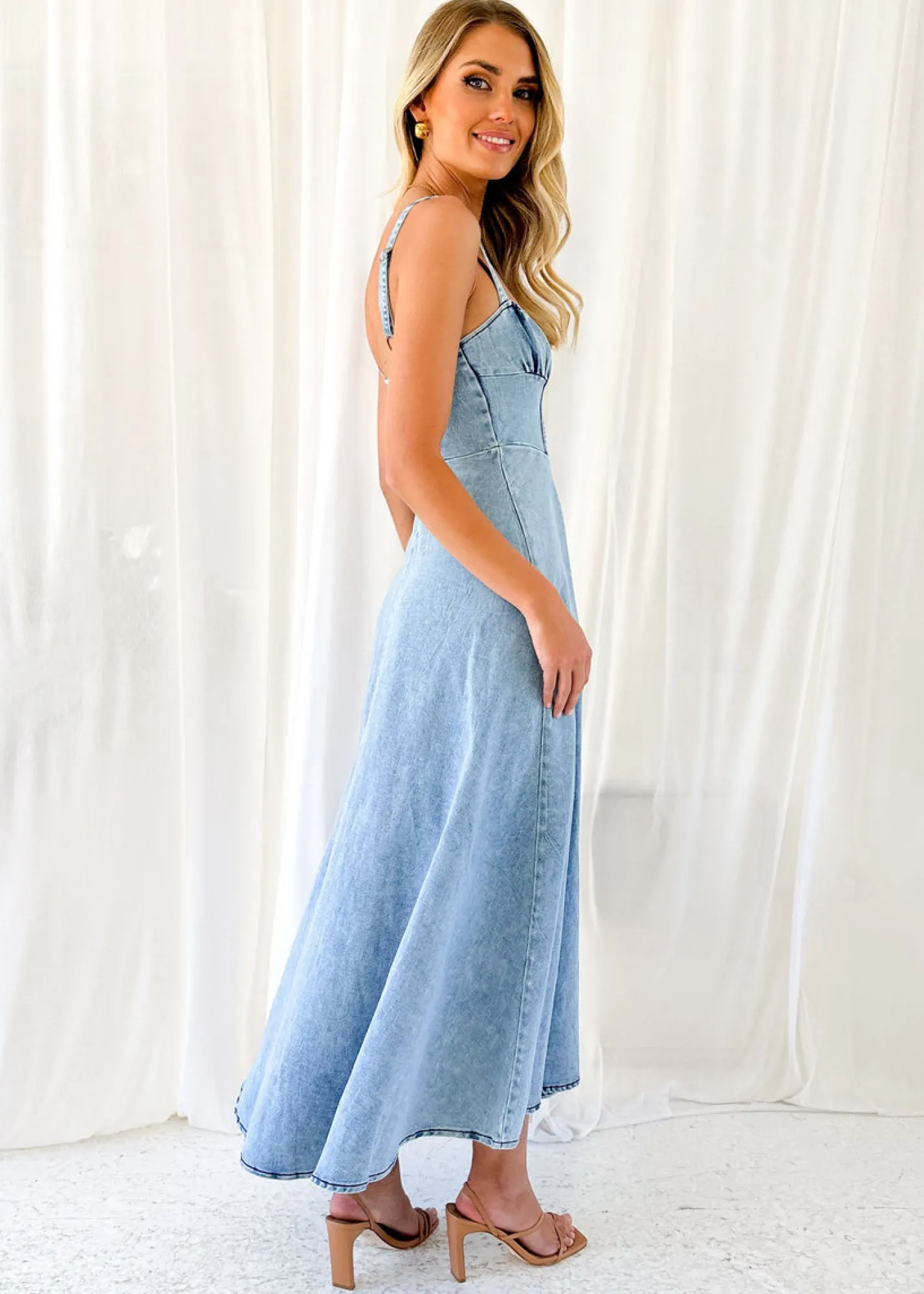 Women Gingham & Heels Midi>Lynda Stretch Denim Midi Dress