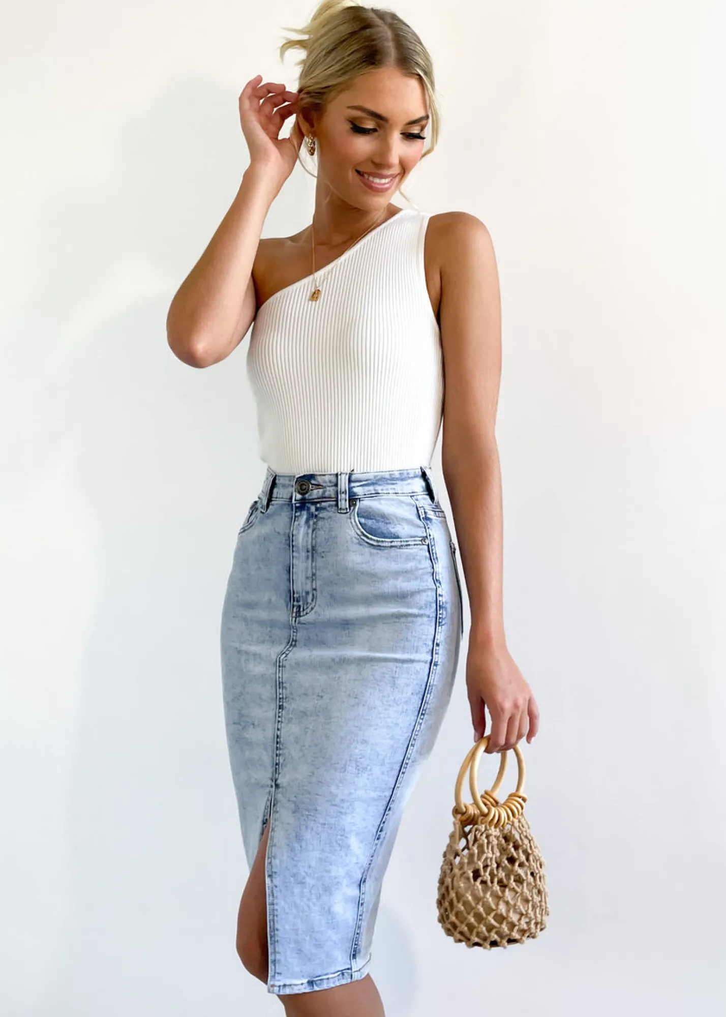 Women Gingham & Heels Skirts>Mera Denim Midi Skirt