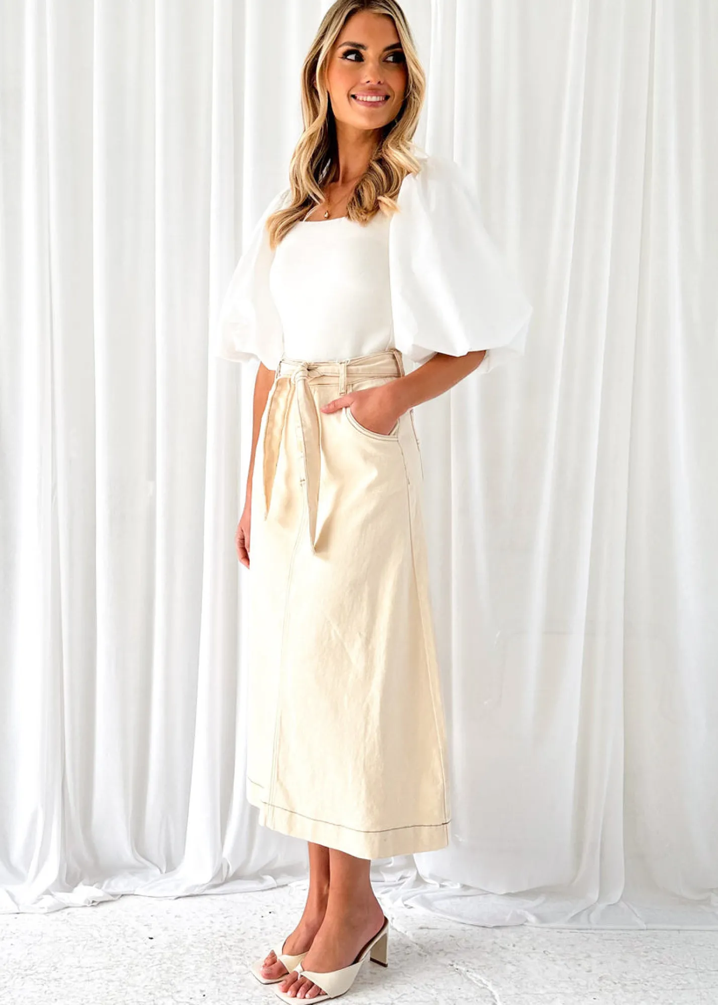 Women Gingham & Heels Skirts>Ramsie Stretch Denim Midi Skirt