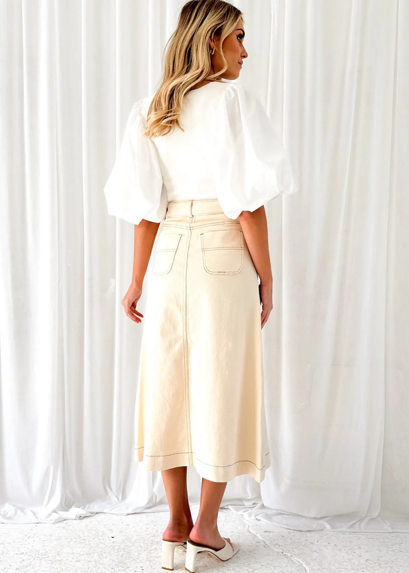 Women Gingham & Heels Skirts>Ramsie Stretch Denim Midi Skirt