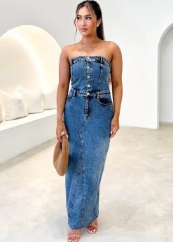 Women Gingham & Heels Maxi>Sacha Strapless Denim Maxi Dress