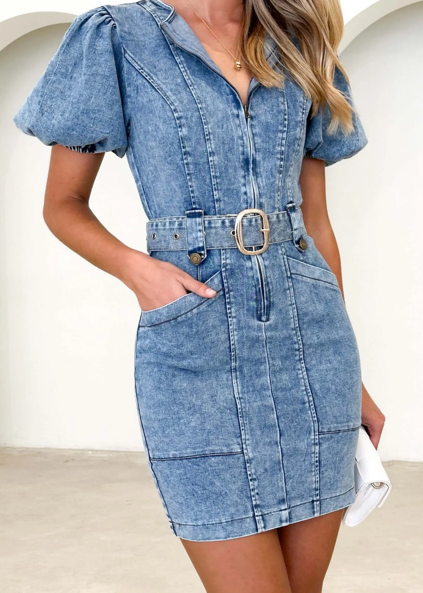 Women Gingham & Heels Short>Thorian Stretch Denim Dress