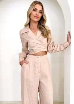 Women Gingham & Heels Sets>Zeus Linen Wrap Top